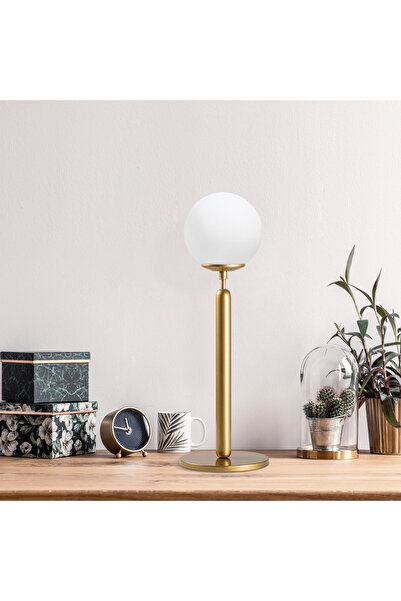 MOİRA Eskitme Beyaz Camlı Metal Masa Lambası Küre Glop Başlık E14 Duy Modern Salon Abajur,KING-11463