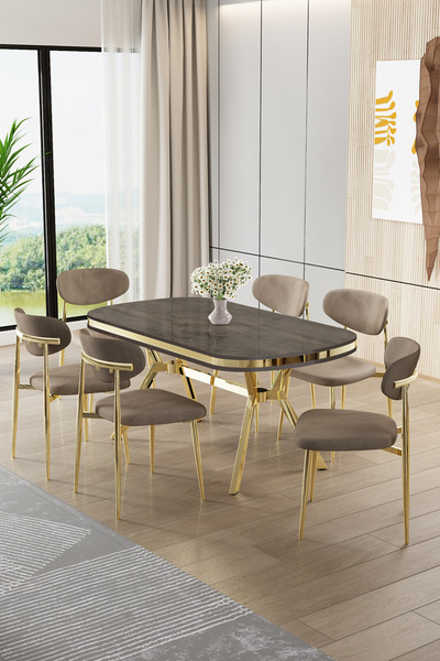Canisa Olya Serisi 90x168 Lak Panel Antrasit İroni Masa Takımı Gold Ayaklı 6 ...