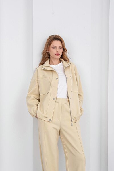 Basicpark Yellow Women's Pique Textured Waist Adjustable Oversized Jacket Pants Set