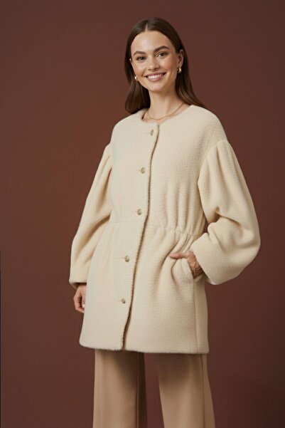Loreen Women's Front Buttoned Waist Detailed Plush Coat -20723Kbn - Beige