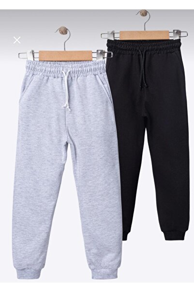 caddekombin 2-Piece Plain Unprinted Jogger with Double Pockets Children's Gray Black Trackpants