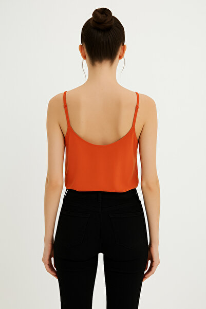 peralist Women's Orange Lace Detailed Sandy Blouse with Adjustable Ring Straps