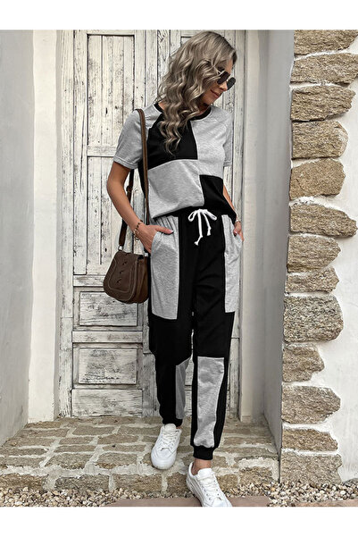 FridayIn ملابس رياضية كاجوال رقبة مستديرة تباين الألوان خصر رباط أكمام عادية ...