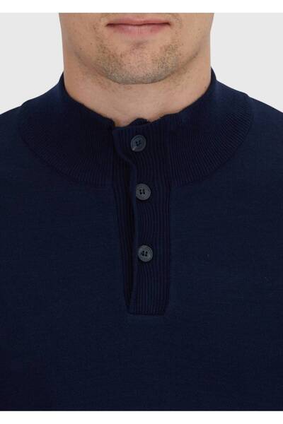 Ramsey Navy Blue Polo Neck Plain Knit Sweater