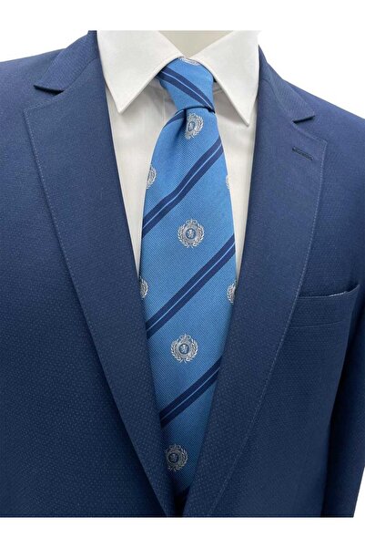 Brianze 8 cm Blue Navy Blue Striped Coat of Arms Patterned Tie