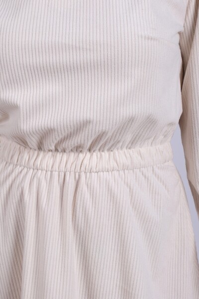 armonika Women's Cream Velvet V-Neck Elastic Waist Slim F Corded Fabric Flared Dress Arm-25K001049