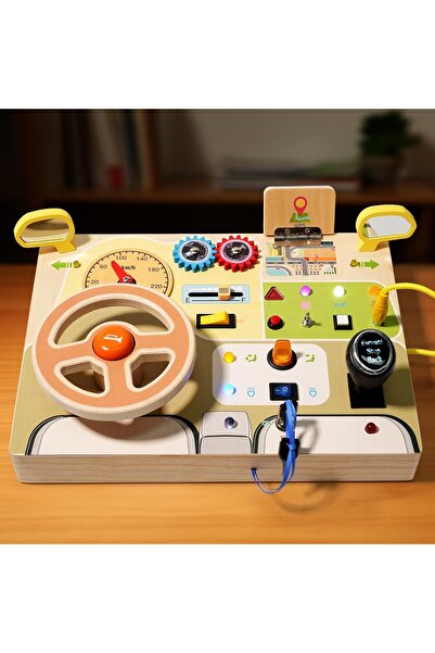 lil munchkins Wooden Busy Board for Kids Montessori Switch Toy Analog Steering Wheeling Circuit with Light