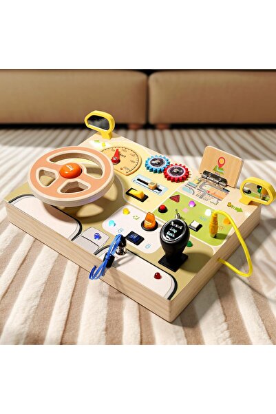 lil munchkins Wooden Busy Board for Kids Montessori Switch Toy Analog Steering Wheeling Circuit with Light
