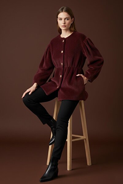 Loreen Women's Front Buttoned Waist Detailed Plush Coat -20723Kbn - Burgundy