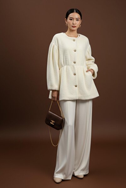 Loreen Women's Front Buttoned Waist Detailed Plush Coat -20723Kbn - Ecru