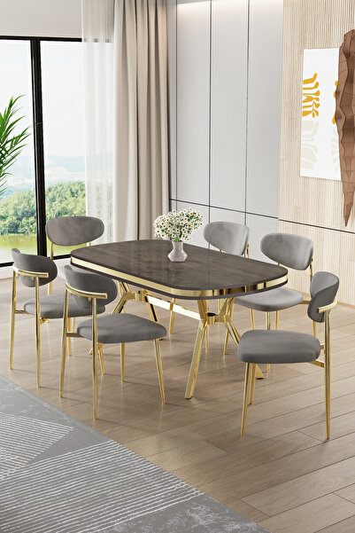 Canisa Olya Serisi 90x168 Lak Panel Antrasit İroni Masa Takımı Gold Ayaklı 6 ...