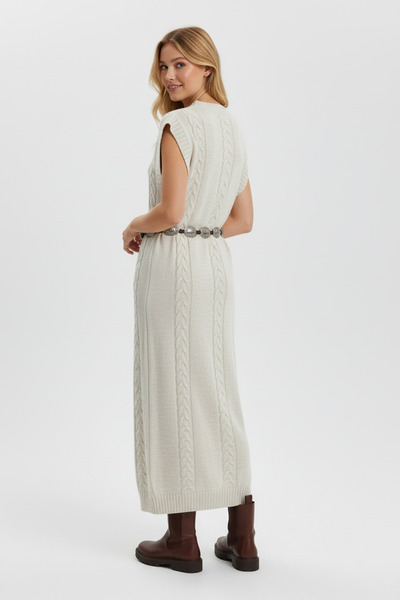 NEWCO V-Neck Sleeveless Knit Patterned Midi Knitwear Dress Soft Texture & Loose Fit