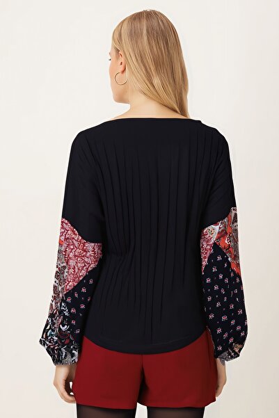 armonika Women's Dark Navy Blue Sleeve Patterned Balloon Knit Sweater Arm-20K081001