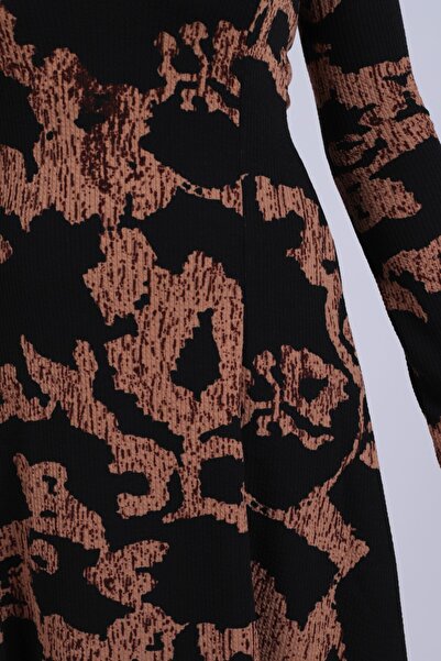 armonika Women's Black-Beige Crew Neck Long Sleeve Dress Arm-26K001029