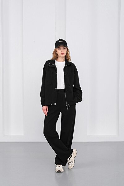 Basicpark Black Women's Pique Textured Waist Adjustable Oversized Jacket Pants Set