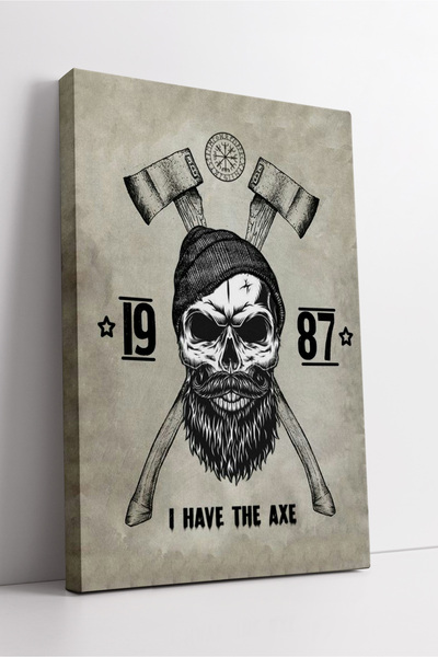 KOSS Dijital Model de pictură pe pânză cu design vintage cu craniu cu topor, modern, carismatic, pentru decorarea berberilor pentru bărbați