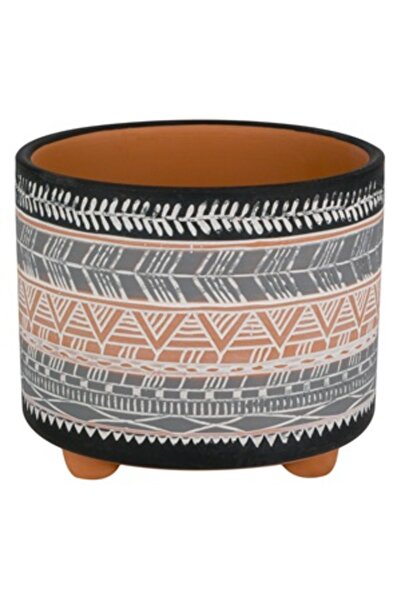 OEM Masca Ghiveci Rotunda Gri Neagra Model Etnic Reliefat Ã˜14x12cm