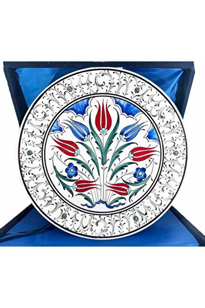 Çini Evi طبق إيزنيك منقوش بنمط زهرة التوليب العثمانية - هدية مع علبة VIP 25 سم