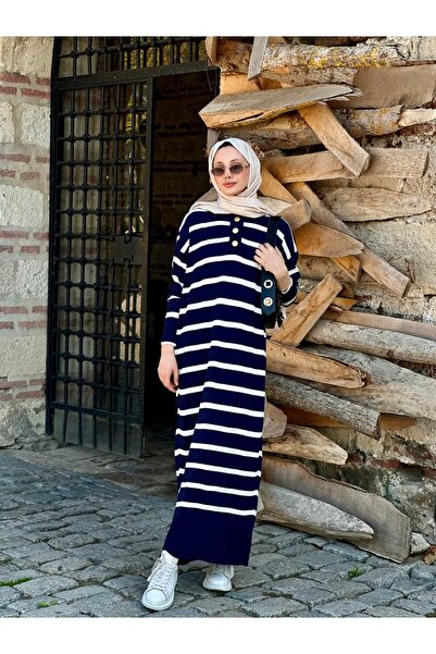 Müq Ριγέ φόρεμα πλεκτό με λαιμόκοψη πόλο oversized - Σκούρο μπλε