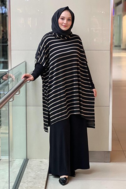 Nurcan Çetin Horizontal Striped Turtleneck Tunic Underwear Pants 3-Piece Set