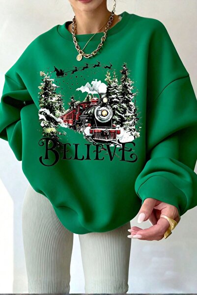 Know Kadın Nefti Believe Yılbaşı Baskılı Bisiklet Yaka Oversize Sweatshirt