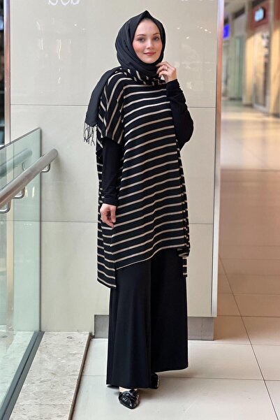 Nurcan Çetin Horizontal Striped Turtleneck Tunic Underwear Pants 3-Piece Set