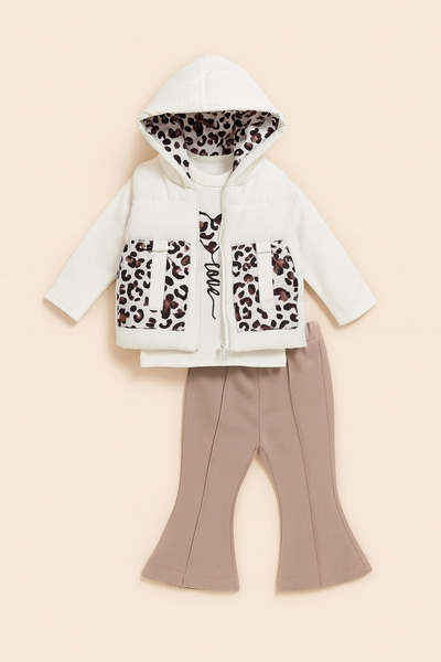 Uğur bebe Ecru Inflatable Vest Set , Leopard Detailed, 100% Cotton 3-Piece Transitional Stylish Set