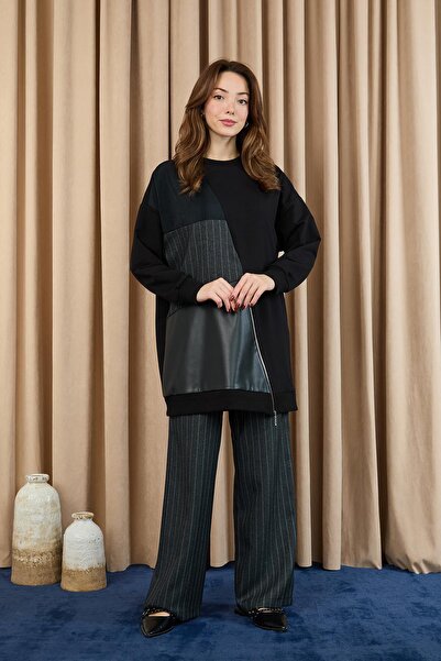 Puane Women's Leather Paneled Striped Double Suit -14404Tks - Black-Anthracite