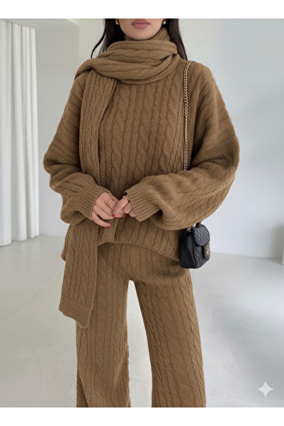 SEVENLINE Women's Scarf Detailed Oversized Knitwear Set – Stylish and Comfortable Design for the Winter Season