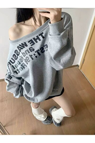 İsra Ayyıldız Moonstar Collection Gri Melanj The Mershier Omuz Dekolteli Y2K Uzun Sweatshirt