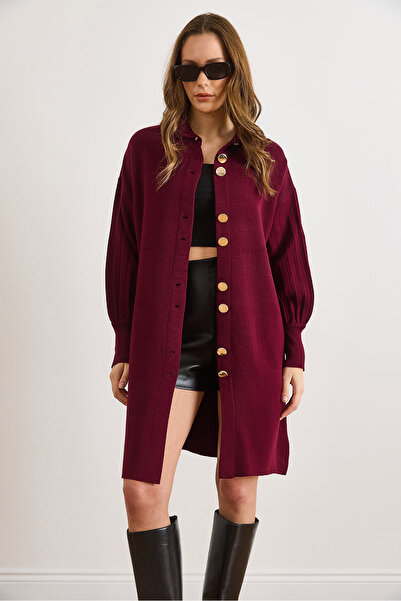 Olalook Women's Burgundy Button Detailed Coat Cardigan Hrk-19000445