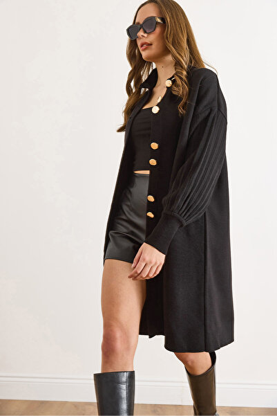 Olalook Women's Black Button Detailed Coat Cardigan Hrk-19000445
