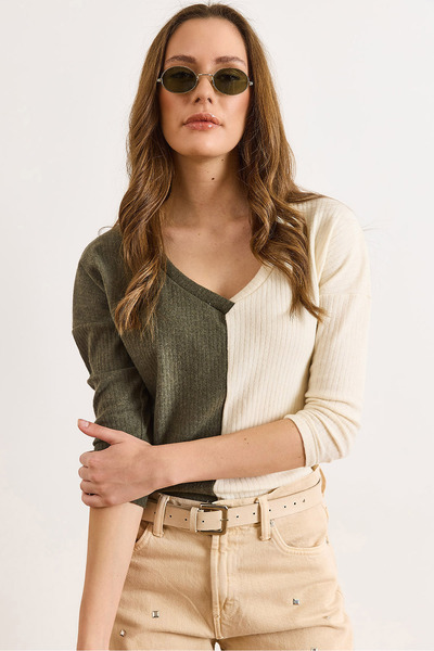 Olalook Women's Khaki Ecru Blocky Fleece-Lined Casual Blouse Blz-19002519