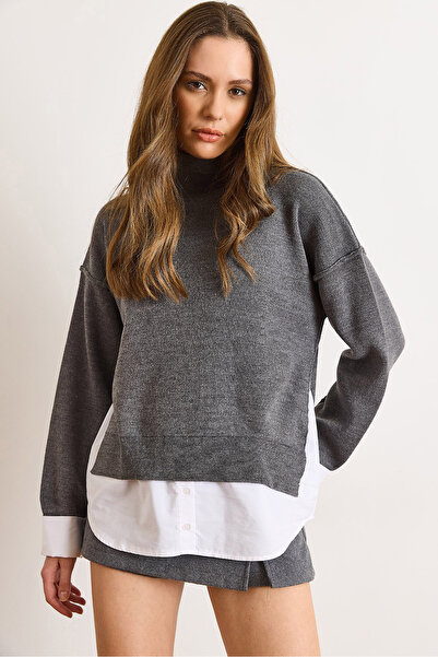 Olalook Women's Smoked Shirt Detailed Mock Neck Knitwear Sweater Kzk-19001086