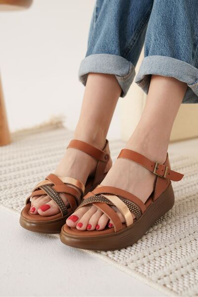 Soleni Mova Herry Tan Genuine Leather Sandals with Gold Detail