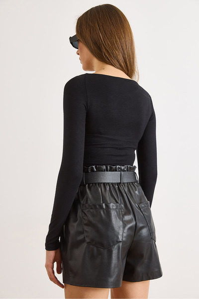 Olalook Women's Black Asymmetrical Neckline Very Soft Textured Stretchy Bodysuit Bdy-00000067