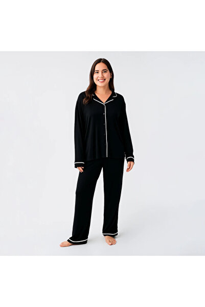 Penelope Snug Long Sleeve Oversized Stretchy Viscose Pajama Set - Blacks