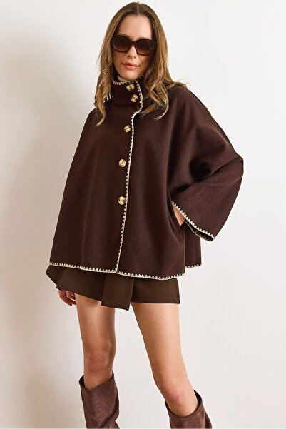 Olalook Women's Brown Pocketed Shepherd Stitched Unlined Oversized Cashmere Jacket Ckt-19000500