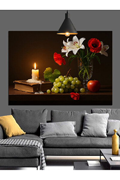 Artmeg Tablou decorativ pe pânză cu lumânări, struguri și cărți - Masă din le...
