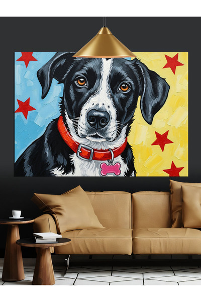 KanvasSepeti Câine alb-negru Pictură în ulei de înaltă calitate texturat Pânz...