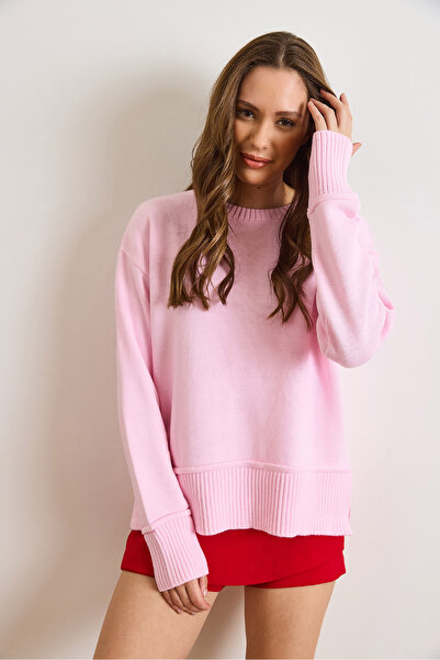 Olalook Women's Pink Cuff Skirt Detailed Crew Neck Knitwear Sweater Kzk-19001087