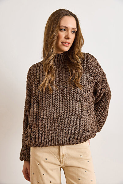 Olalook Women's Brown Mock Neck Flexible Thick Knit Sweater Kzk-19001083