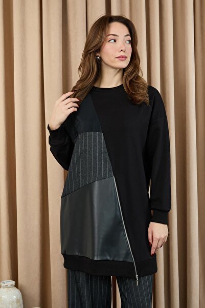 Puane Women's Leather Paneled Striped Double Suit -14404Tks - Black-Anthracite