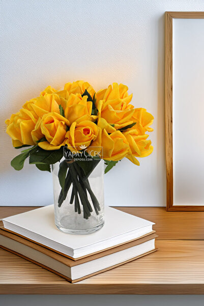 Yapay Çiçek Deposu باقة ورد جونكا صناعي فاخرة مكونة من 6 زهور، 25 سم، أصفر