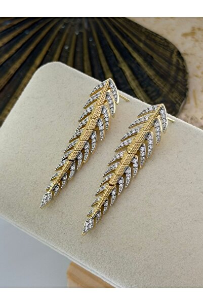Double Color Zircon Stone Detail Leaf Earrings (Steel)