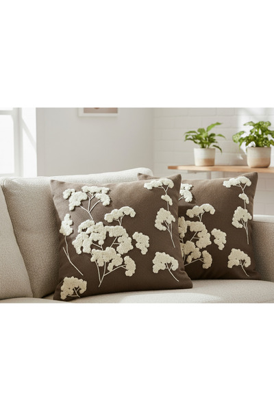 Destiva Home Buldan İşi Sakura Pattern Punch Embroidered Linen Look Throw Pillow Cover - 2 Throw Pillow Covers (43X43 cm)