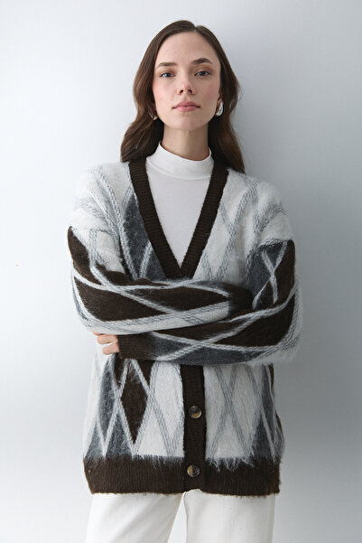 Laluvia Dark Brown - Cream Baklava Patterned Cardigan - 251090