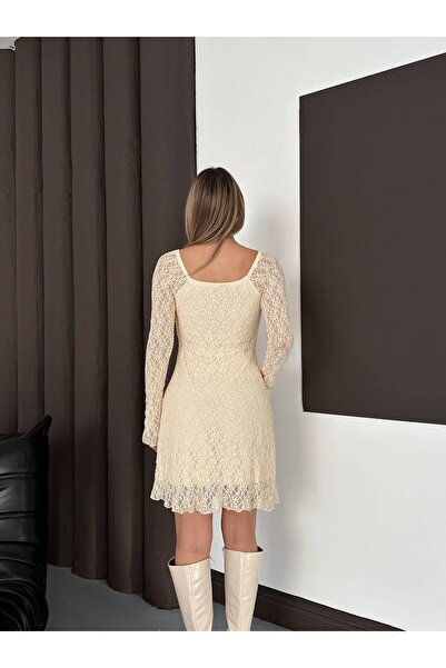 SEVENLINE Women's Lace Boat Neck Long Bell Sleeve Mini Dress