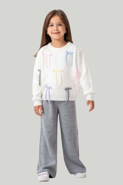 wakawakakidsstore Multi-Colored Bow Detail Girls' Sweater and Wide-Leg Pants Set
