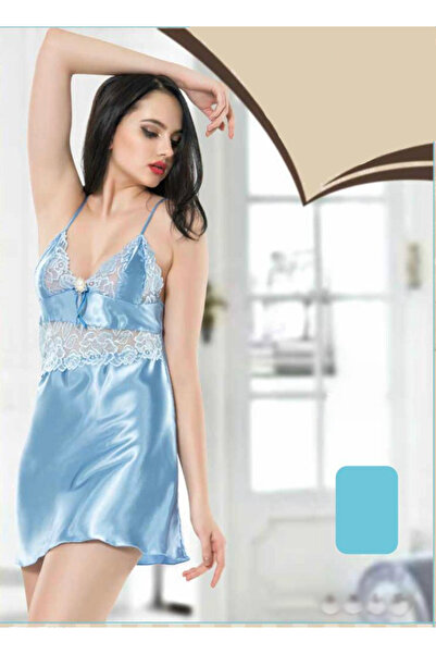 Stylish قميص نوم سماوي قصير من الساتان الناعم المزين بالدانتيل بإطلالة مثيرة ...